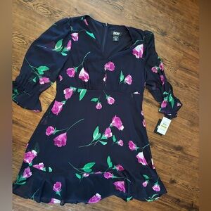 DKNY Navy Dress with Pink and Green Floral Design